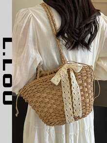 Túi cói dung tích lớn mới, túi tote dệt thủ công trang trí nơ ren cho kỳ nghỉ hè ở bãi biển. - Màu Khaki - Xem 1