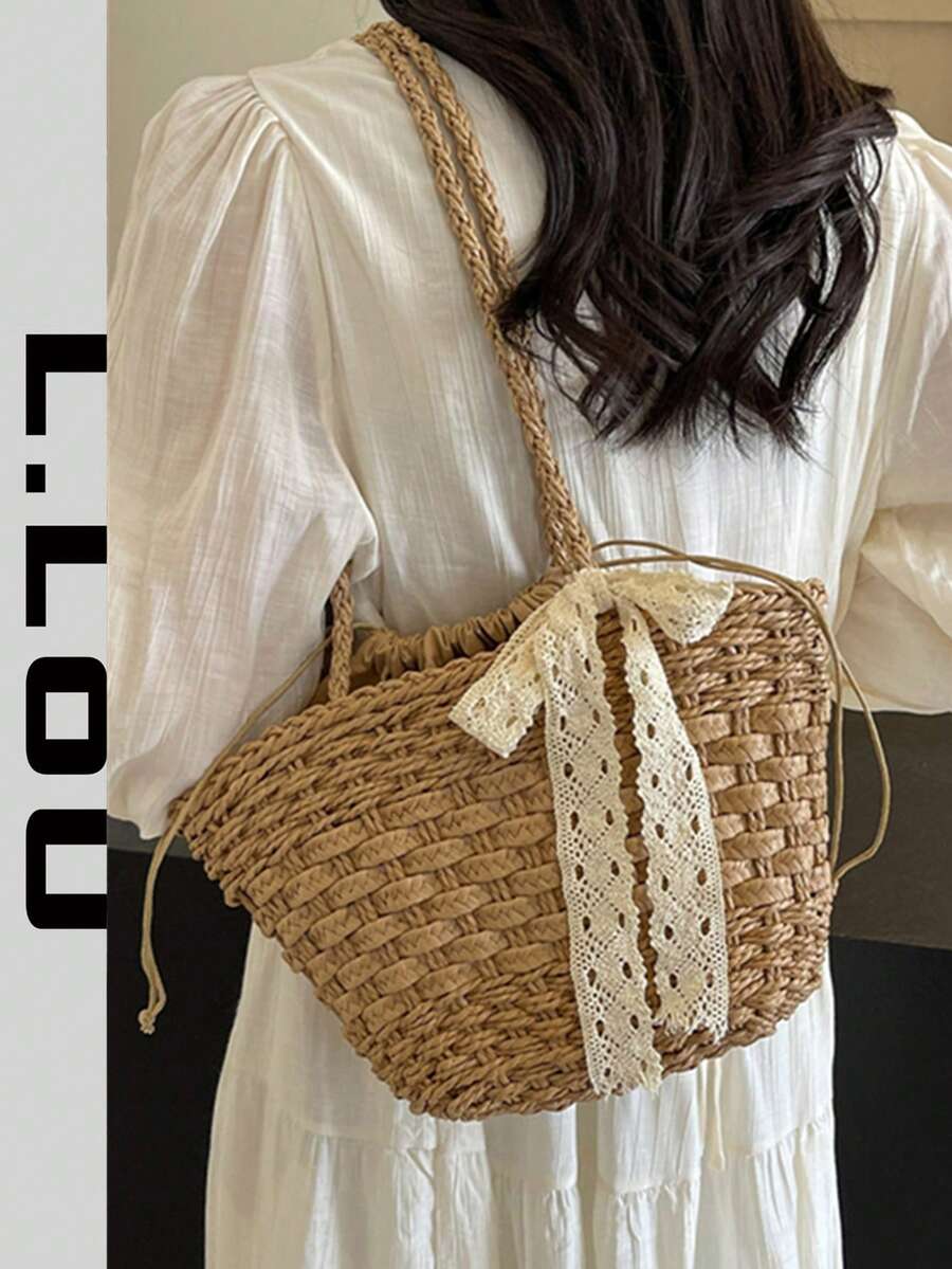 Túi cói dung tích lớn mới, túi tote dệt thủ công trang trí nơ ren cho kỳ nghỉ hè ở bãi biển. - Màu Khaki - Xem 1
