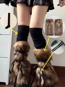 1 Pair Y2K Subculture New Fuzzy Sock Covers With Straps, Faux Fur Leg Warmers, Retro Thick Slouch Leg Warmers For Women - Multicolor - View 12