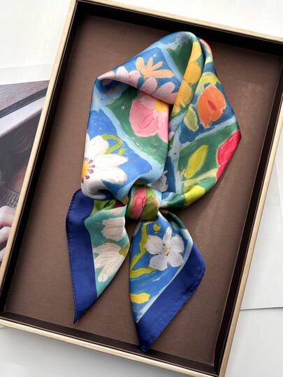 1 pieza Pañuelo de mujer elegante y retro con estampado, de material de satén fino, de estilo bohemio y vintage casual, se puede usar como pañuelo o chal, ligero y cómodo, adecuado para uso diario y salidas en primavera/verano