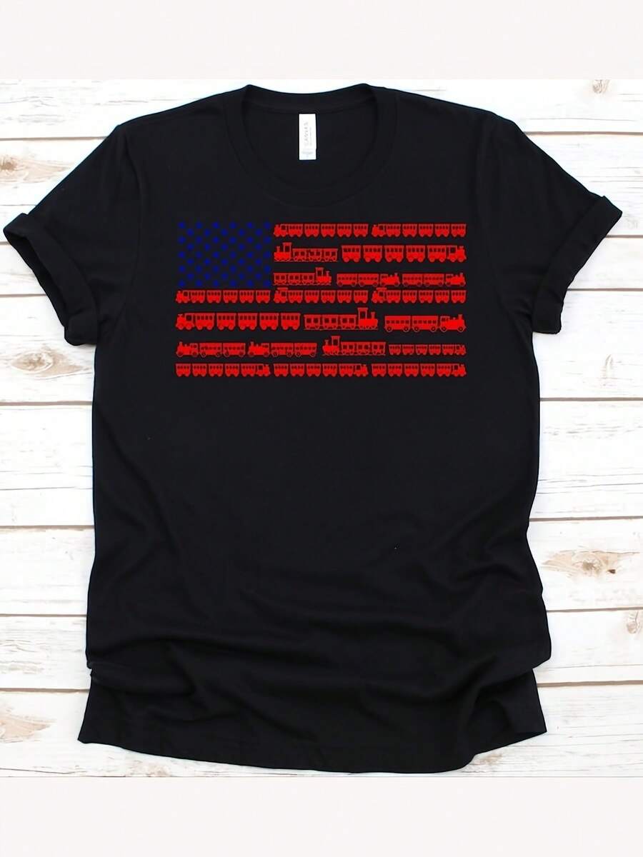 American Flag Train Shirt, Train Operator, Railway Track, Passenger Train, Railroad Car, Railway Wagon, US Flag, 4th Of July, Train Truck - 黑色 - 查看 1