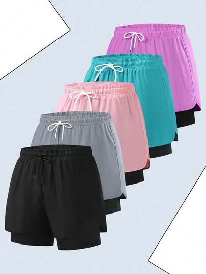 Women's Summer Sports Shorts Set, 2 In 1 Design, Solid Color Summer Training Shorts, 7/8 Length, Suitable For Gym, Yoga And Outdoor Activities, Perfect Back-To-School Gift For Mom And Girlfriend