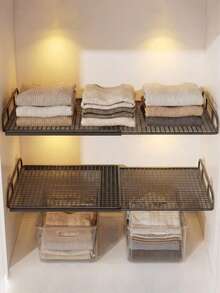 伸缩式衣柜收纳架 - 节省空间的垂直储物架，高度可调节的垂直置物架，适用于衣物、鞋子和橱柜 - 安装简便，是衣柜整理、家居收纳的理想之选，简约设计，结构坚固，家用收纳，带置物架垫 - 查看 3