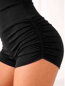 WOMEN'S FITNESS SHORTS FOR GYM AND BEACH WITH RUFFLED SIDES, LIFTS AND LIFTS BUTT, HIGH WAIST - 黑色 - 查看 2