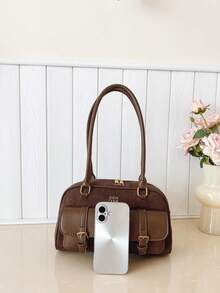 Faux Leather Solid Color Retro Multi-Pocket Large Capacity Women's Shoulder Bag, Comes With Accessory Charm (Accessory Charm May Vary Slightly By Batch) - Coffee - View 5
