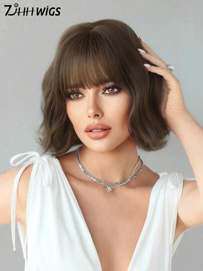 7JHH WIGS Short Wavy Taupe Brown Wig With Bangs For Women 10 Inch Bob Curly Hair Wigs Full Machine Synthetic Heat-Resistant Fiber For Daily Wear, Festival Party Use, Valentine's Day Valentine's Day Wigs Accessories