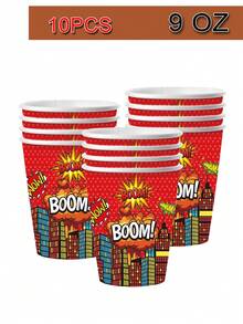 10件套超级英雄主题红色派对用品套装，包括7英寸/9英寸餐盘、餐巾纸、9盎司杯子、英雄主题生日派对装饰品和一次性餐具 - 彩色 - 查看 6