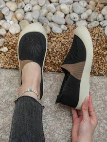 女士休闲鞋，透气网面平底乐福鞋，软底舒适套脚慵懒鞋，春夏款 - 黑色 - 查看 2