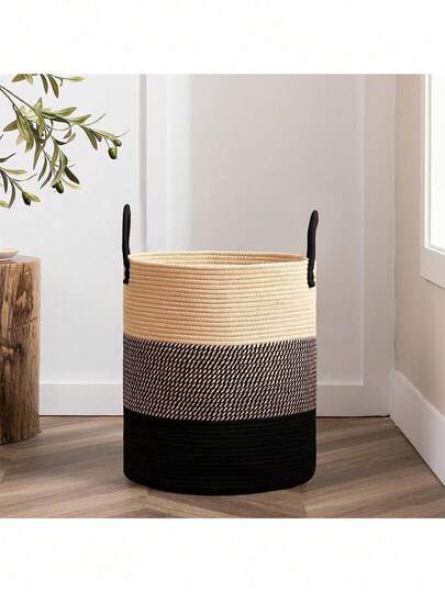 Cesto grande para ropa sucia, cesta alta de cuerda tejida para mantas, juguetes y ropa sucia en la sala, el baño y el dormitorio - 58 l, marrón y negro