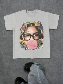 Y2K Style Fashion Star Pattern T-Shirt Harajuku Hip-Hop Street Clothing, Retro Letter Print Round Collar Short-Sleeved T-Shirt, Unisex T-Shirt, Hip-Hop Street Regular Fit Casual Sports T-Shirt - 灰色1 - 查看 1