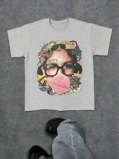 Y2K Style Fashion Star Pattern T-Shirt Harajuku Hip-Hop Street Clothing, Retro Letter Print Round Collar Short-Sleeved T-Shirt, Unisex T-Shirt, Hip-Hop Street Regular Fit Casual Sports T-Shirt