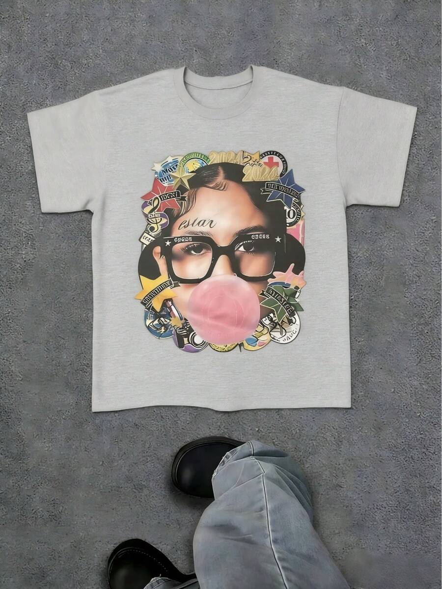 Y2K Style Fashion Star Pattern T-Shirt Harajuku Hip-Hop Street Clothing, Retro Letter Print Round Collar Short-Sleeved T-Shirt, Unisex T-Shirt, Hip-Hop Street Regular Fit Casual Sports T-Shirt - 灰色1 - 查看 1