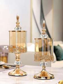 1pc Luxury Glass Candy Storage Jar, European Style, Kitchen Living Room Wedding Decor Container, Suitable For Nuts, Snacks, Fruits And Other Home Food Storage, Airtight Food Dispenser Display Jar - Gold - View 2