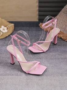 1 Pair Solid Color PU Leather High Heel Sandals, Square Toe Chunky Heel Fashion Sandals For Women, Summer - Pink - View 5