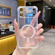 1pc Shockproof Phone Case, Compatible With Note 15/14/13/11 Pro, 17 Pro Max/16 Pro Max/16 Pro/14 Pro Max/14 Pro/13 Pro Max/16, Galaxy S21 5G/S26 Ultra/S22/S22 Ultra/S23/S23 Ultra/S24/S24 Ultra 5G/A14/A33 5G/A53 5G/A54 5G/A52/A52s 5G/A15 5G/A13 4G/A22 4G/A22 5G/A34/A23 5G/S25/S25 Ultra, Supports Wireless Charging, 1pc Electroplated Magnetic Stand Shockproof Phone Case - Clear - View 2