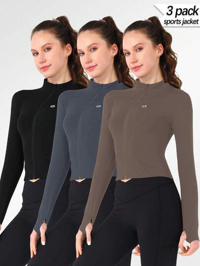 3-Piece Women's Sports Jacket With Thumb Hole, Small Stand Up Collar, Streamlined Long Sleeved Jacket With Pull Pockets, Low Impact Sports Yoga For Daily Casual Wear In Spring, Autumn And Winter