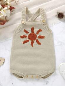 1pc Baby Girl Solid Color Sleeveless Bodysuit, Baby Girls Can Wear White Short Sleeve Underneath, Cute Sun Pattern Knit Bodysuit - Khaki - View 13