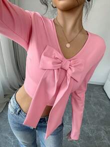 Áo kiểu tay dài cổ chữ V thắt nơ thanh lịch, thích hợp cho tiệc tùng, hẹn hò lãng mạn, đa năng cho các dịp trang trọng, thường ngày, công sở, gợi cảm cho phái nữ, xu hướng thời trang xuân mới dành cho nữ. - Bụi hồng - Xem 1