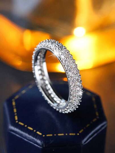 极简主义三排立方氧化锆圆形情侣戒指，几何珠宝情人节礼物