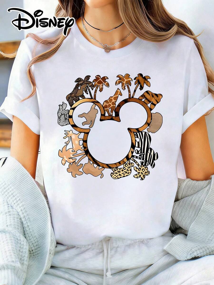 Women's Disney Mickey Mouse Wildlife Print Cotton T-Shirt, Short Sleeve Round Neck Casual Top - 白色 - 查看 1