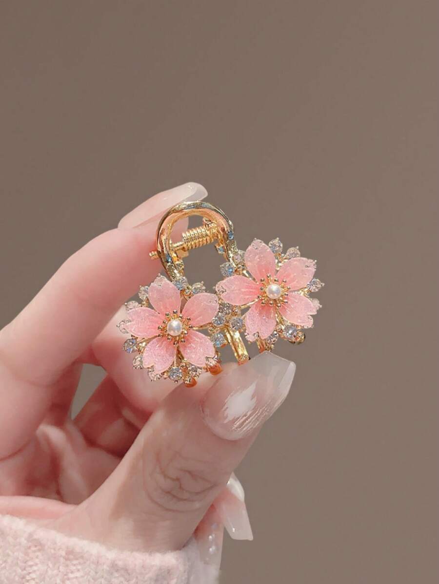 1pc Cute Pink Sakura Rhinestone Pearl Metal Hair Clip, Suitable For Daily Wear