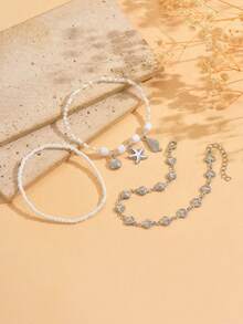 3pcs Bohemian Style Shell & Starfish Beaded Anklet Set For Girls, Beach Fashion Anklet With Random Bead Placement - Multicolor - View 3