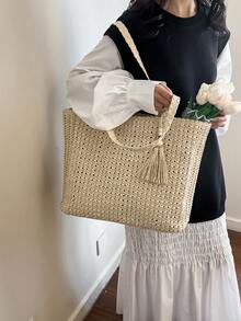 Túi đi biển bằng rơm mùa hè, túi tote dung tích lớn, giỏ đựng đồ tạp hóa, túi xách tay, kiểu dáng nghỉ dưỡng, đơn giản và đa năng, thiết kế nhiều ngăn, phù hợp để đựng váy, mua sắm, du lịch, cất đồ, túi đan lát. - Màu be - Xem 3