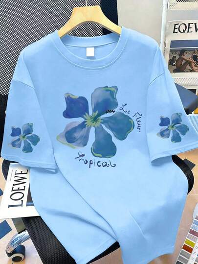 Áo thun cổ tròn in hoa, cỡ lớn dành cho nữ, kiểu dáng thường ngày, thích hợp cho kỳ nghỉ hè.