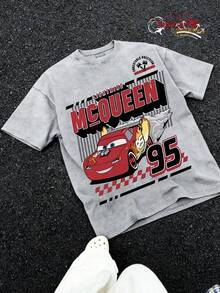 Disney Cars  #95 Racing Graphic T-Shirt, Summer Vintage Washed 230g Heavyweight Short Sleeve - Xám - Xem 1