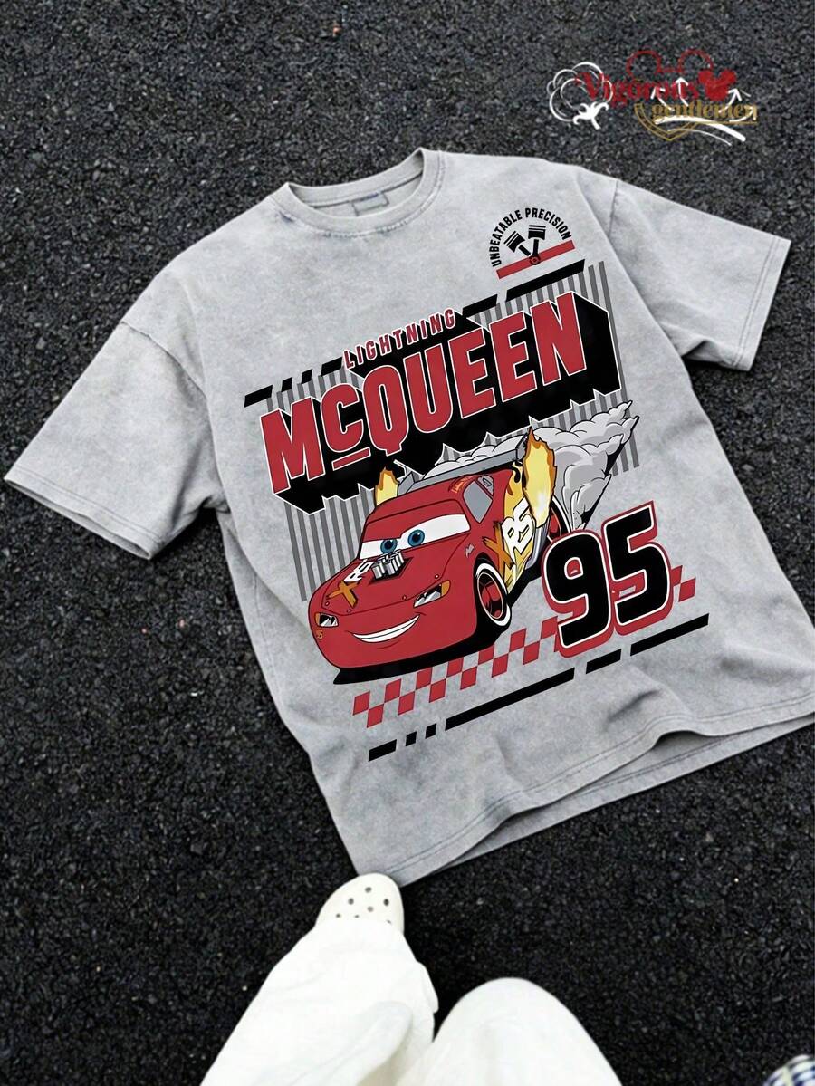Disney Cars  #95 Racing Graphic T-Shirt, Summer Vintage Washed 230g Heavyweight Short Sleeve - Xám - Xem 1