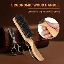 Boar Bristle Hair Brush Men - Slick Back Hair Brush - Mens Hairbrush With Stiff Bristles Wooden Handle, Thick, Fine Normal Hair Smoothing Styling Adding Shine, Beard Mustache Brush Comb - Wood - 查看 4