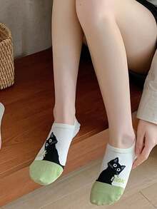5双装女士可爱卡通猫咪图案隐形低帮浅口船袜，舒适柔软透气，简约百搭隐形袜，适合校园、休闲、居家、运动、通勤、日常穿着，四季皆宜，是馈赠佳品。 - 彩色 - 查看 4