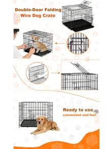 Double Door Bold Dog Cage Foldable Metal Wire Dog Cage, With Partitions And Leak-Proof Tray, Protective Feet And With Isolation Net - With Door Lock, Pet Kennel, Multiple Sizes Suitable For Indoor, Outdoor, Travel Metal Cage - Black - View 2