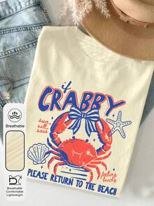 Women's Daily Crab With A Bow Graphic Crew Neck Short Sleeves Casual Summer Women's Tops ,Back To The Beach Slogan Graphic Fashionable And Versatile Women's Apricot T-Shirt Vacation - Apricot - View 3