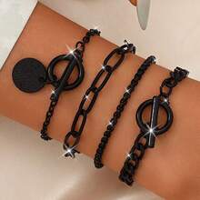 4pcs/Set Minimalist Fashion Black Chain OT Clasp Layered Bracelet Set, Suitable For Women's Daily Autumn And Winter Outfits - Multicolor - View 1