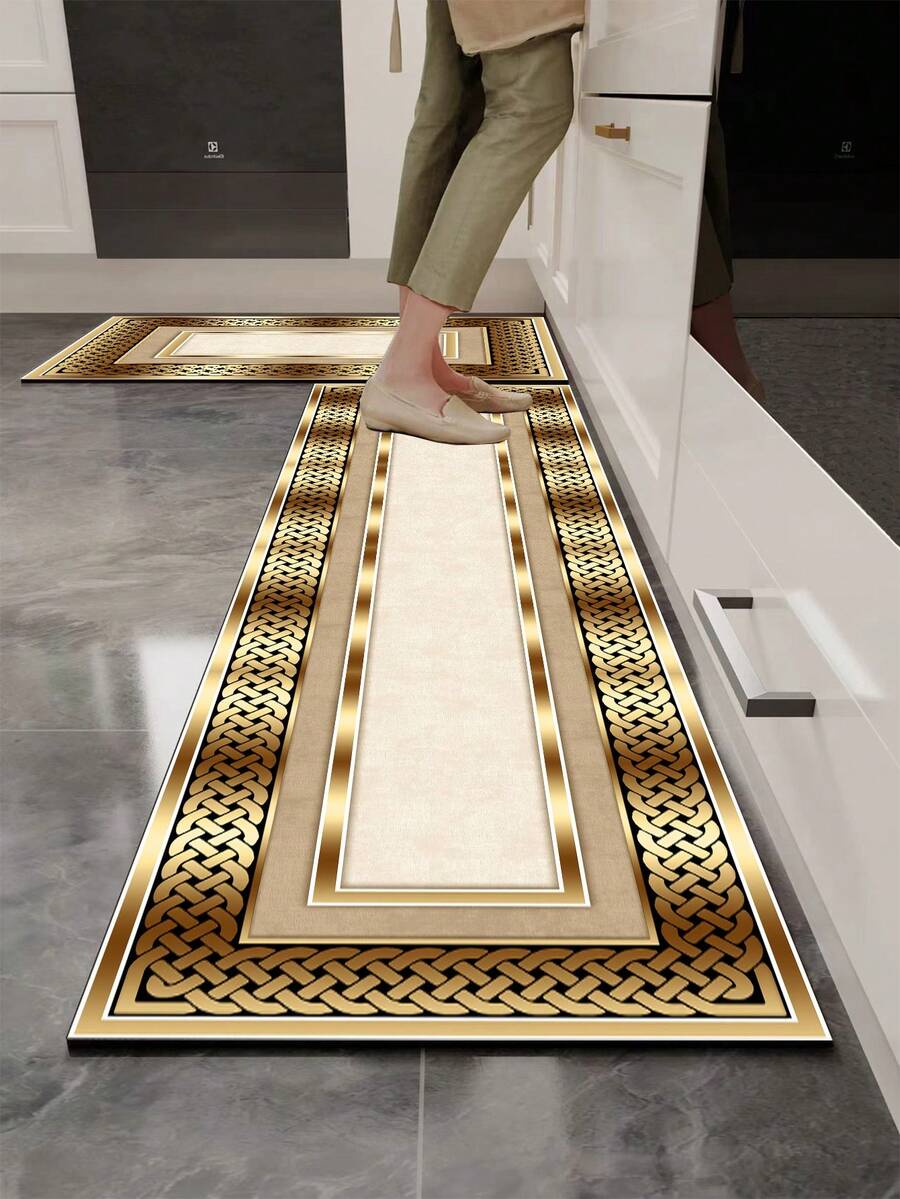 1pc Silica Gel Kitchen Floor Mat, Featuring Modern Minimalist Geometric Wave Pattern, Shallow Beige Lines Outlining Continuous S-Shaped Curves On White Background, Complemented By Fine Parallel Vertical Stripes, Presenting A Smooth Rhythmic Feel And Refreshing Elegant Visual Effect - Multicolor - View 1