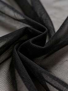 Mesh Sheer Splice Square Collar Fitted Long Sleeve U-Neck Cropped Elastic Knit Solid Black Top - Cool Girl Style Suitable For Bar Dates, Street Fashion, Spring/Autumn Casual Outings - Black - View 9