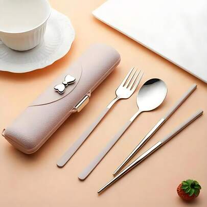 Juego de cubiertos portátil con moño, que incluye cuchara, tenedor, palillos y caja de almacenamiento, hermoso juego de utensilios de viaje, elegante y práctico, con caja de almacenamiento, adecuado para camping, viajes, escuela, oficina
