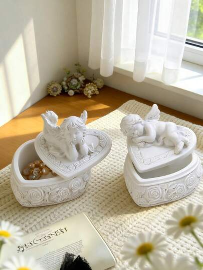 Vintage Cherub Angel Heart Jewelry Box, Resin Trinket Storage Organizer, Decorative Keepsake Box For Earrings, Rings, Necklaces, Aesthetic Room Decor For Vanity, Dresser, Bedroom, Bathroom, Gift For Women, Girls, Wedding & Birthday, Boho Home Accent