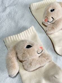 1 Pair Toddler Girls & Boys' Beige 3D Plush Bunny Decor Cute Mid-Calf Socks, Ideal For Easter Party & Spring Outfit - Beige - View 7