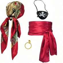 1/3件万圣节新款缎面海盗头带腰带毛毡骷髅眼罩，趣味角色扮演中世纪文艺复兴海盗服装配饰，化装舞会圣诞派对魔术服装道具 - 彩色 - 查看 6