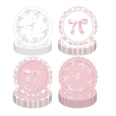 10/20/30/50/100pcs Disposable Party Tableware Set With Bow & Floral Pattern, Including Dessert Plates, Suitable For Girls Birthday, Bachelorette Party, Wedding, Engagement And Holiday Gatherings