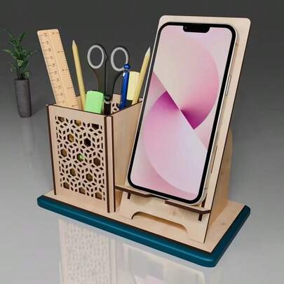 DIY Wooden Pencil + Phone Holder & Stand, Multifunctional Desktop Organizer, Office Supplies Storage, Self-Assembly Stand & Pen Holder
