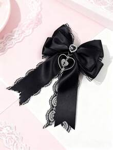 1pc Rhinestone Heart Lace Bow Hair Clip, Women Hairpin Accessory - Multicolor - View 3
