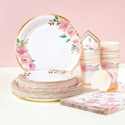 Heat-Resistant Green Leaf & Flower Pattern Disposable Tableware Set, 7/9 Inch Party Plates, Disposable Paper Plates, Napkins, Cups, Suitable For Holidays, Weddings, Engagements, Birthdays, Parties, Celebrations