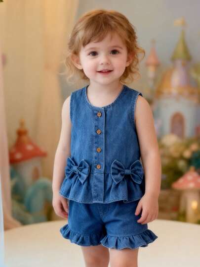 2pcs Baby Girls Casual Outdoor Sweet Cute Bow Sleeveless Button Cardigan Top And Ruffled Hem Fashionable Casual Denim Shorts Set