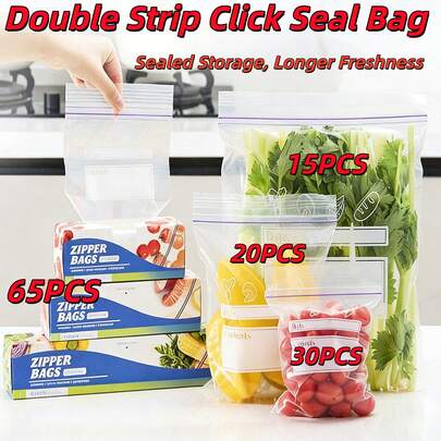 65pcs Household Daily PE Self-Sealing Bags, Food Storage Bags, Thick Airtight Bags, Fridge Storage Bags, Picnic & Camping Portable Packaging Bags, Multi-Scenario Use