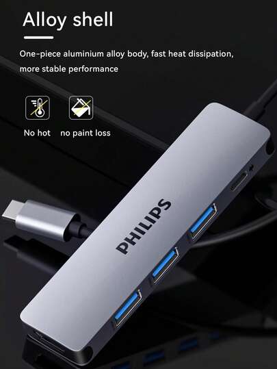  محور PHILIPS 5 في 1، هيكل من السبائك المعدنية، تصميم من سبيكة الألومنيوم أحادية الهيكل، تبديد حراري سريع لأداء أكثر استقرارًا، شحن سريع بتقنية PD، دقة عالية الوضوح 4K 30 هرتز.