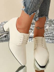 French Retro Square Toe Lace-Up Thick Heel Loafers, Spring New Casual Versatile British Style Leather Shoes For Women - Beige - View 4