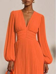 Women's Elegant Comfortable Long Sleeve V-Neck Solid Color Chiffon Pleated Ruffle Dress - Coral Orange - View 3